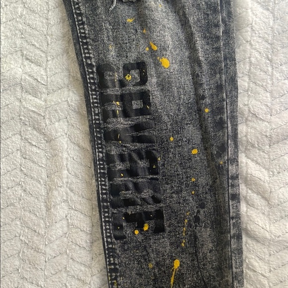 Encrypted Distressed Gray and Black Jeans with Yellow Accents - Picture 4 of 8